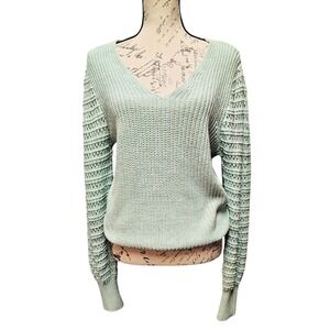 Rachel Zoe Womens Sea Foam Green Crochet Sleeve V-Neck Sweater Large Cotton